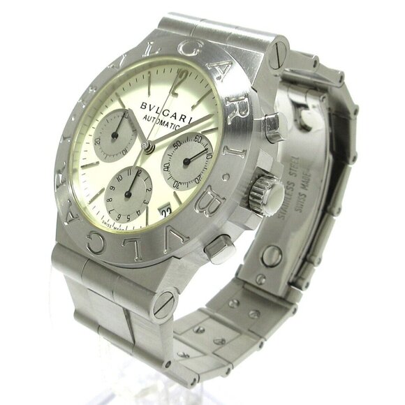 Auth BVLGARI Chronograph White Silver Wrist Watch